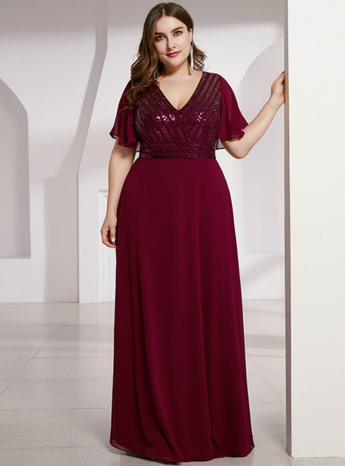 Find Your Dress For Prom! A-Line Burgundy Chiffon Sequins V-neck Plus Size Prom Dress