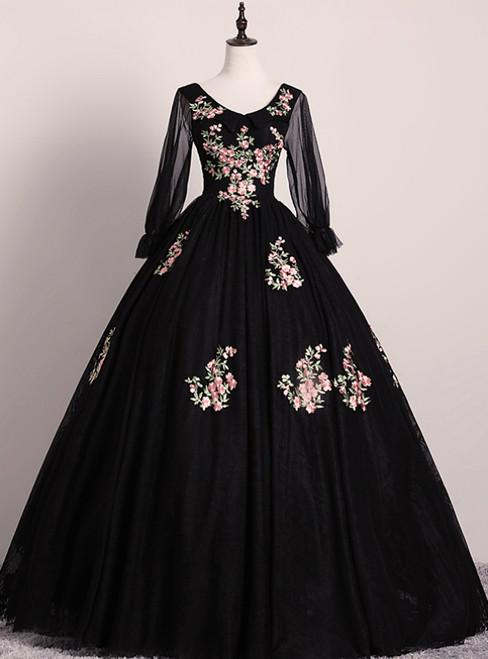 Check Out Entire Collection Black Ball Gown Tulle V-neck Long Sleeve Appliques Quinceanera Dress