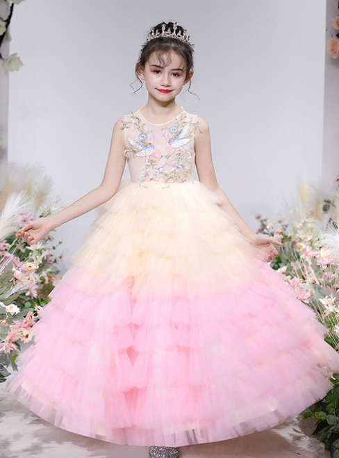 At Great Prices Pink Tulle Tiers Embroidery Appliques Sleeveless Flower Girl Dress