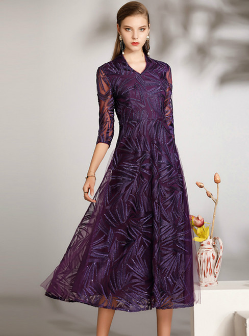 Is Now Available. A-Line Purple Tulle V-neck 3/4 Sleeve Tea Length Mother of the Bride Dress
