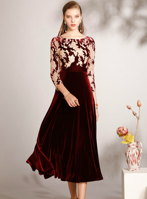 Burgundy velvet A-line mother of the bride dress with 3/4 sleeves and bateau neckline