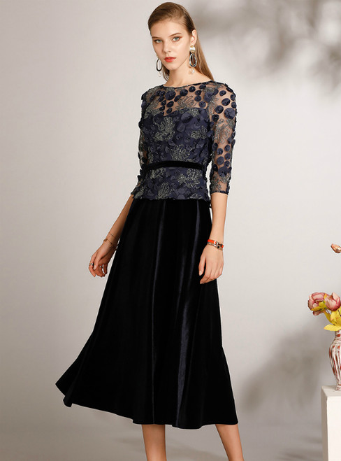The Worldwide Shipping Online Store A-Line Navy Blue Velvet Half Sleeve Mother Of The Bride Dress