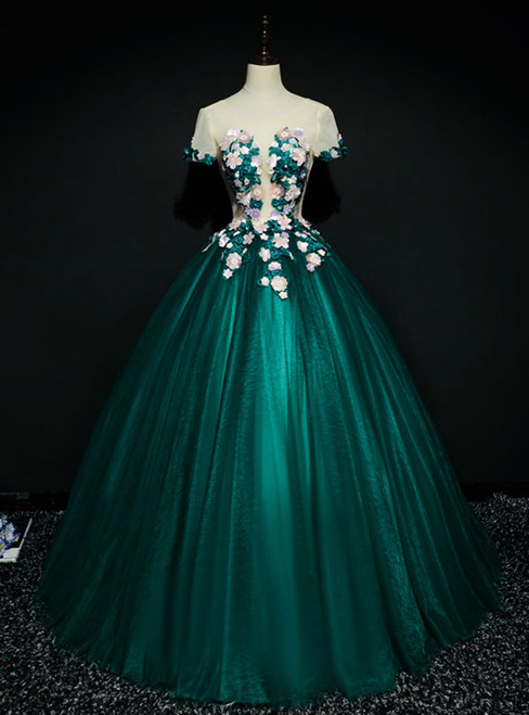 Wear a Classic Green Ball Gown Tulle Short Sleeve Appliques Quinceanera Dress