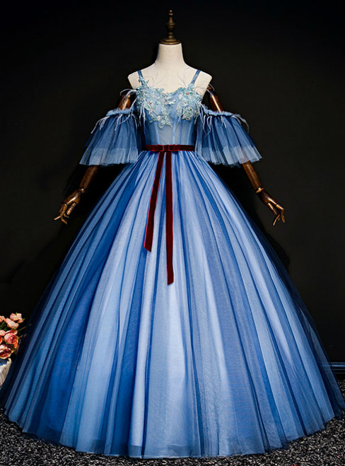Check Out Entire Collection Blue Ball Gown Tulle Appliques Spagehtti Straps Quinceanera Dress