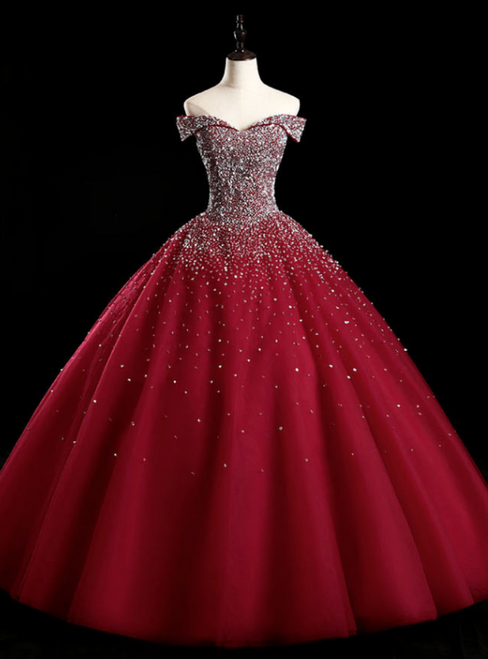 Best For You Burgundy Ball Gown Tulle Off the Shoulder Beading Sequins Quinceanera Dress