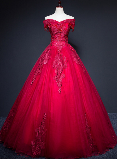 Available In Sizes 0-24 Burgundy Ball Gown Tulle Appliques Beading Quinceanera Dress