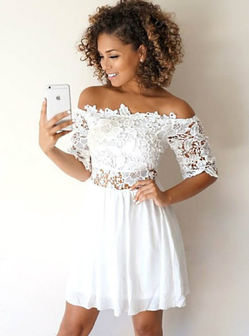 Cheap Little White Chiffon Off Shoulder Homecoming Dresses