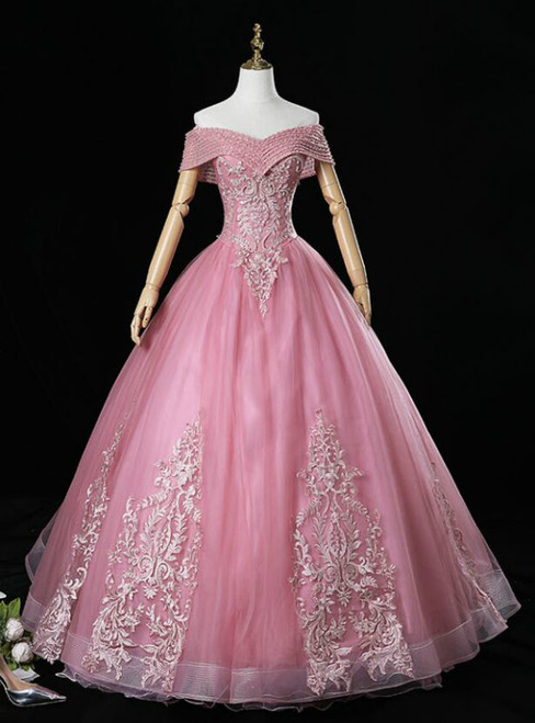 For This Year's Biggest Dance Pink Ball Gown Tulle Appliques Beading Off twe Shoulder Quinceanera Dress
