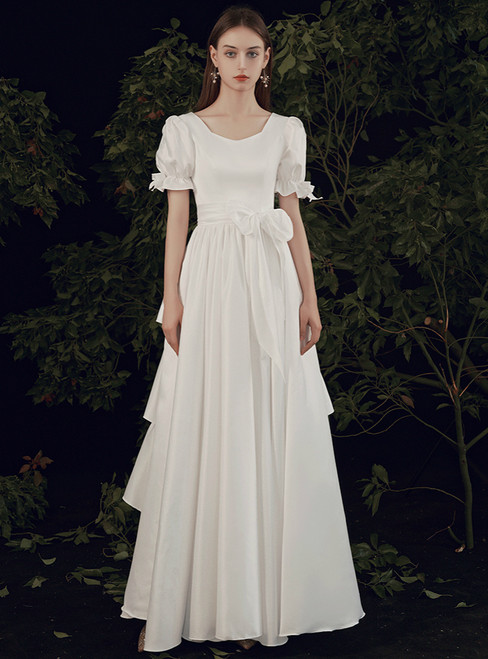 Shop An Amazing Selection Of A-Line White Satin Short Sleeve Tiers Wedding Dress With Sash