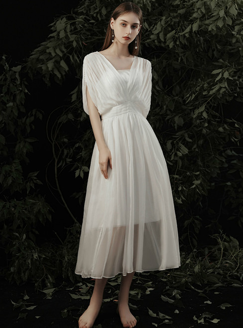 2020 Great Choice A-Line White Chiffon V-neck Pleats Tea Length Wedding Dress