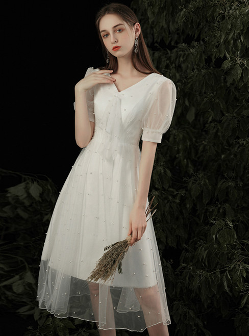 100% Custom Made A-Line White V-neck Short Sleeve V-neck Pearls Wedding Dress