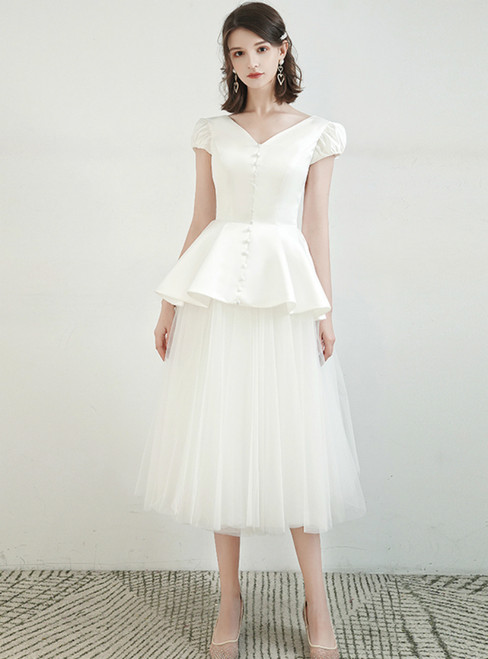 Find All Of The Latest Styles A-Line White Tulle Satin V-neck Cap Sleeve Wedding Dress