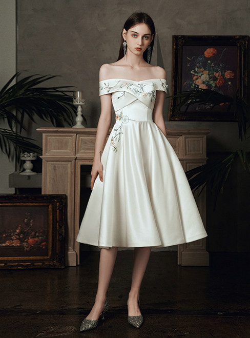 For Your Big Night A-Line White Satin Off the Shoulder Beading Embroidery Knee Length Wedding Dress