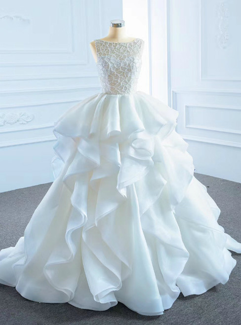 The Largest Variety Of Styles White Ball Gown Organza Bateau Bakless Wedding Dress With Beading