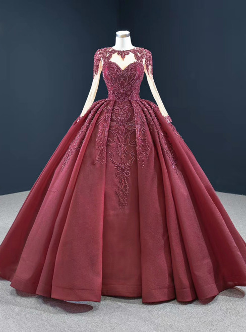 At Incredible Price Burgundy Ball Gown Organza Beading Long Sleeve Prom Dress