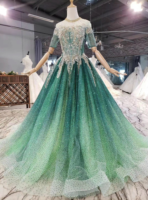 Biggest Sale Green Ball Gown Sequins Short Sleeve Beading Backless Prom Dress