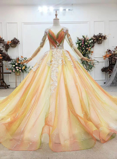 Find Plenty Of Champagne Ball Gown Tulle Long Sleeve V-neck Appliques Wedding Dress