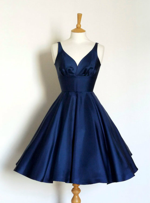 Navy Blue V neck Backless Homecoming Dresses
