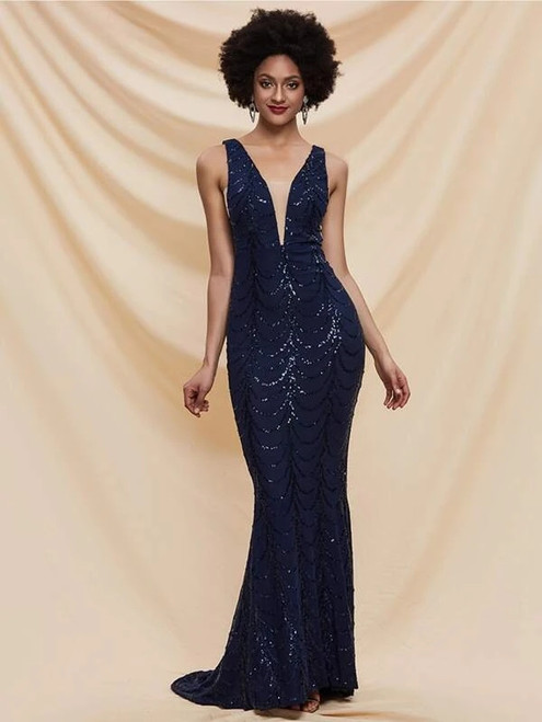Queenly In Stock:Ship in 48 Hours Navy Blue Mermaid Sequins V-neck Party Dress