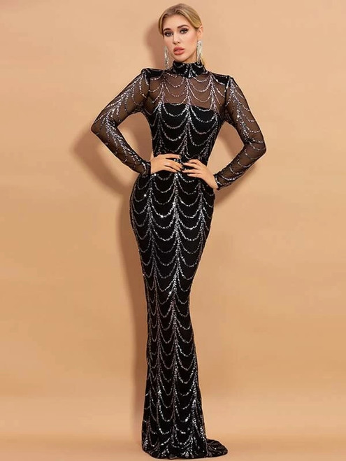 Fancy In Stock:Ship in 48 Hours Black Mermaid Sequins Long Sleeve Party Dress