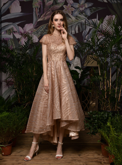 For You A-Line Rose Gold Hi Lo Cap Sleeve High Neck Prom Dress