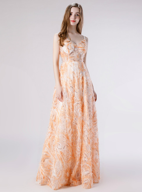 It's Prom Season A-Line Orange Lace Spaghetti Straps Sequins Prom Dress