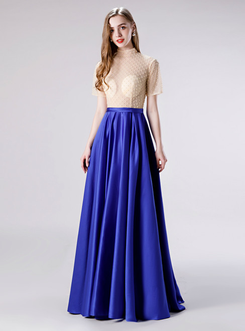 Browse Our Lovely A-Line Royal Blue Satin Short Sleeve Beading Prom Dress