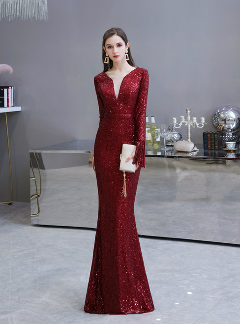 Long & Short Made-To-Measure Sexy Burgundy Mermaid Sequins Long Sleeve V-neck Prom Dress