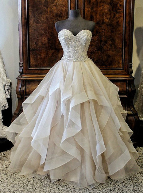 Crystal beaded ball gown wedding dress with sweetheart neckline and layered organza skirt