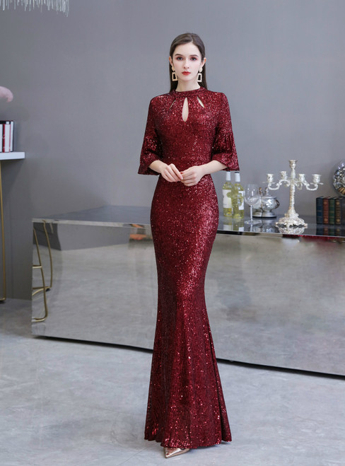 The Best Discount In Stock:Ship in 48 Hours Burgundy Mermaid Sequins Cut Out Prom Dress
