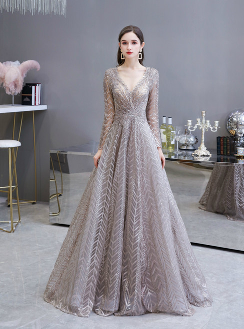 We Specialize In Custom Made A-Line Gray Embroidery Long Sleeve V-neck Beading Prom Dress