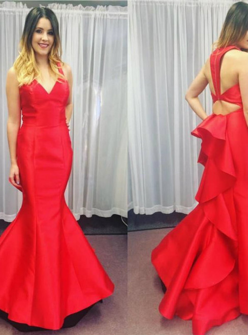 Red Mermaid Formal Evening Dress 2017 New Arrival Open Back V Neck Floor Length