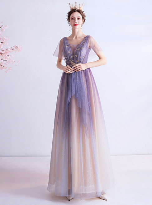 Brand New In Stock:Ship in 48 Hours Purple Tulle Sequins See Through V-neck Prom Dress