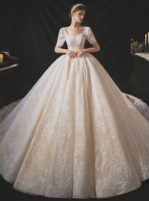 Find And Buy The Perfect Champagne Tulle Appliques Sequins Square Short Sleeve Wedding Dress