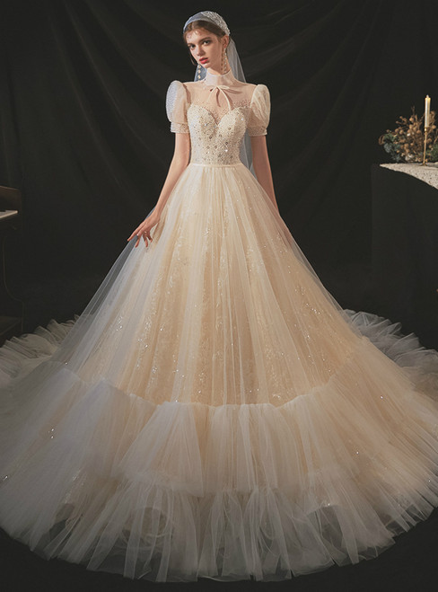 Be The Prom Queen In Champagne Tulle Sequins Short Sleeve High Neck Beading Wedding Dress