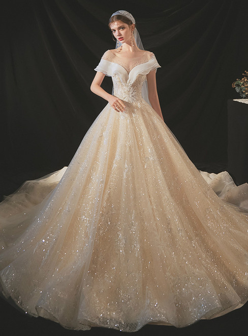 Shop Designer Champagne Tulle Sequins Backless Beading Wedding Dress