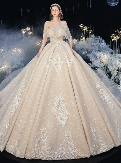 You Can Be The Star Luxury Champagne Tulle Sequins Off the Shoulder Appliques Beading Wedding Dress