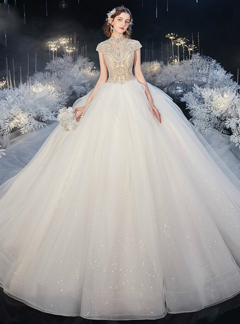 Find The Perfect Shade Of White Ball Gown Tulle Sequins High Neck Cap Sleeve Beading Wedding Dress