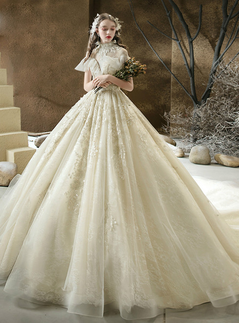 A Great Variety Of Champagne Tulle High Neck Cap Sleeve Appliques Beading Wedding Dress