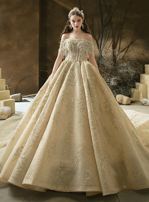 Order Your Ideal Drak Champagne Tulle Embroidery Off the Shoulder Beading Wedding Dress