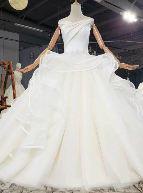 We Specialize In Custom Made Ivory White Ball Gown Tulle Satin Strapless Pleats Appliques Wedding Dress