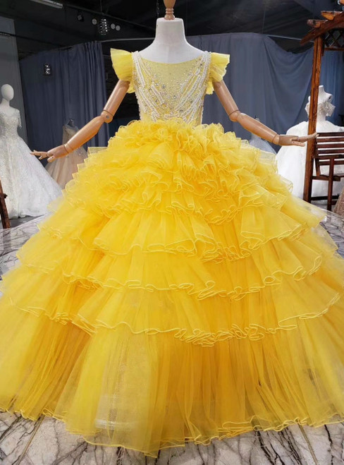 Yellow Ball Gown Tulle Beading Sequins Tiers Princess Flower Girl Dress