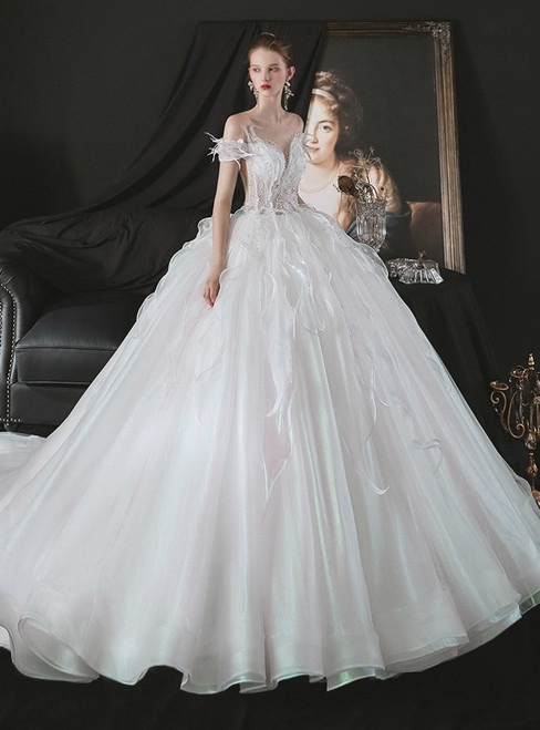 Shop Designer Sexy White Tulle Ball Gown Beading Wedding Dress With Long Train