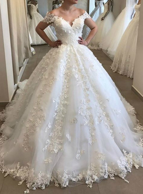 Come In All Styles And Colors White Ball Gown Tulle Off the Shoulder Lace Appliques Wedding Dress
