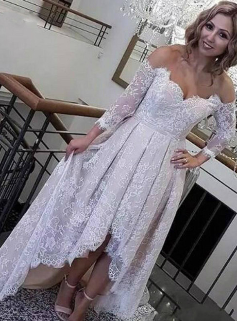 For This Year's Biggest Dance A-Line Hi Lo Lace Off the Shoulder Long Sleeve Wedding Dress