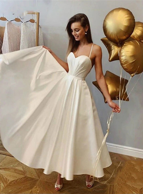 Is a Rite Of Passage White Satin Spaghetti Ankle Length Sweetheart Wedding Dresses 