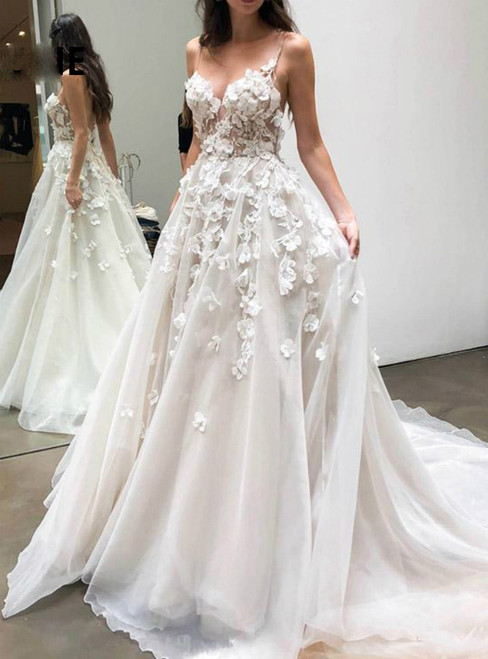 At Incredible Price Champagne Tulle Spaghetti Strap 3D-Floral Appliques Wedding Dress