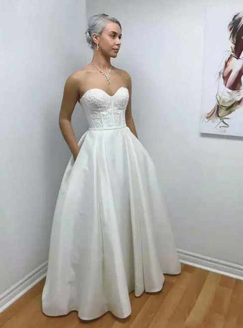 Fit Your Body Type A-Line White Satin Sweetheart Lace Wedding Dress With Pocket