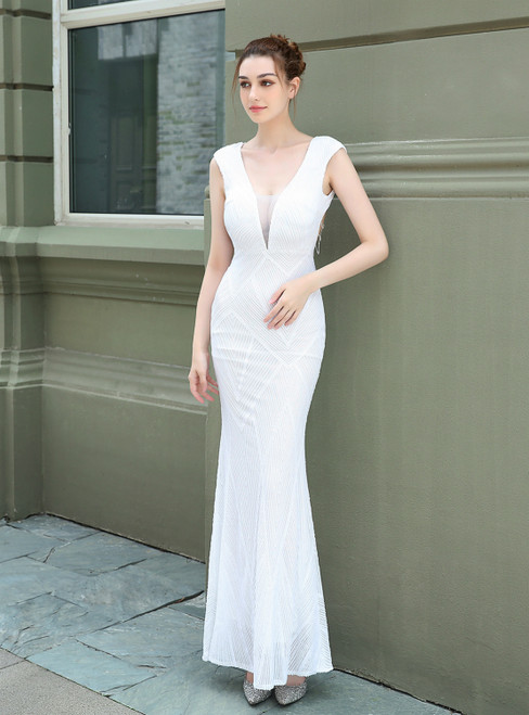 Shop Designer In Stock:Ship in 48 Hours White Mermaid Sequins Backless Prom Dress