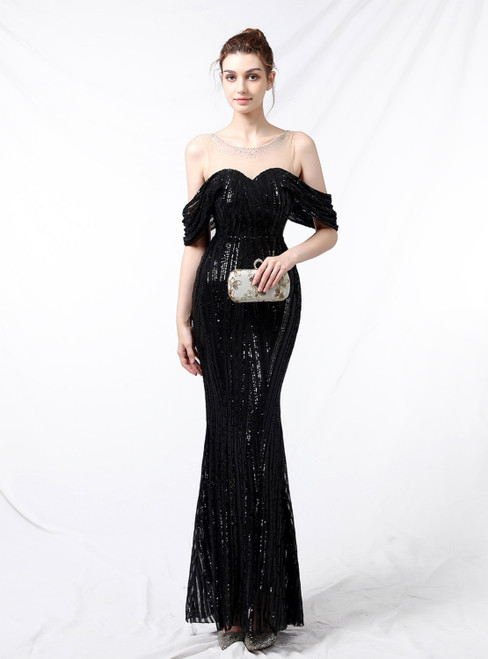 For You Next Prom Dance In Stock:Ship in 48 Hours Cheap Black Mermaid Sequins Beading Prom Dress